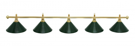 Бильярдный светильник Престиж 5 плафонов (зеленый, золотая штанга)